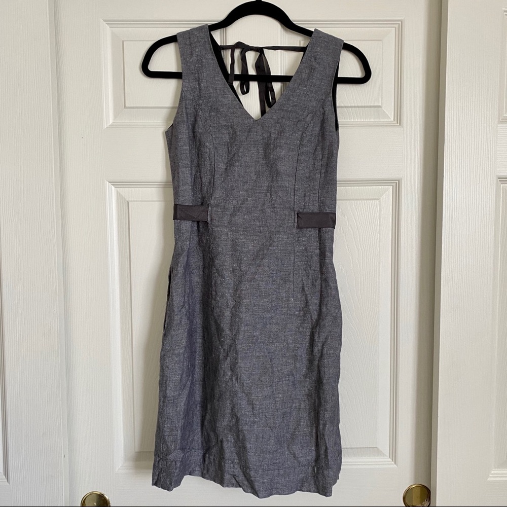 Banana Republic Gray Chambray Linen Sheath‎ Dress Tie Waist Pockets Sz 2